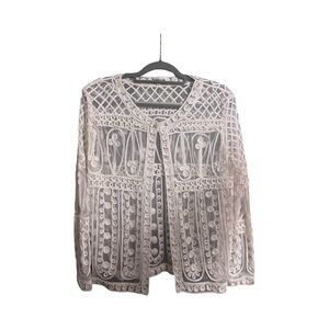 Jeannie Women’s White Lace Embroidered Sheer Jacket Size Medium Boho EUC